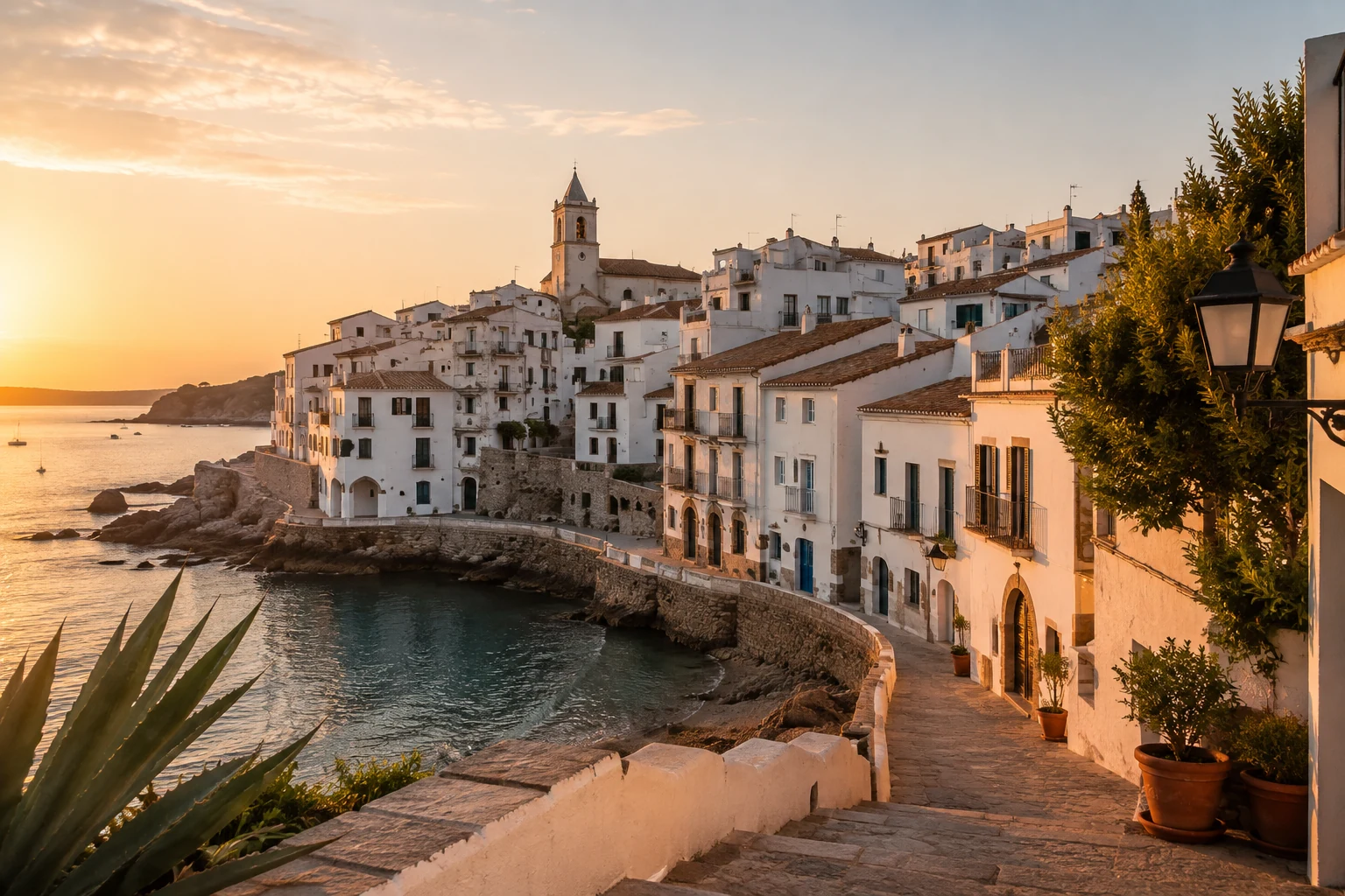 Mediterranean coastal village in Spain at golden hour