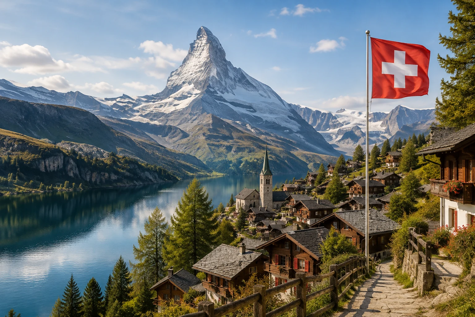 Swiss alpine landscape with village, lake and Swiss flag