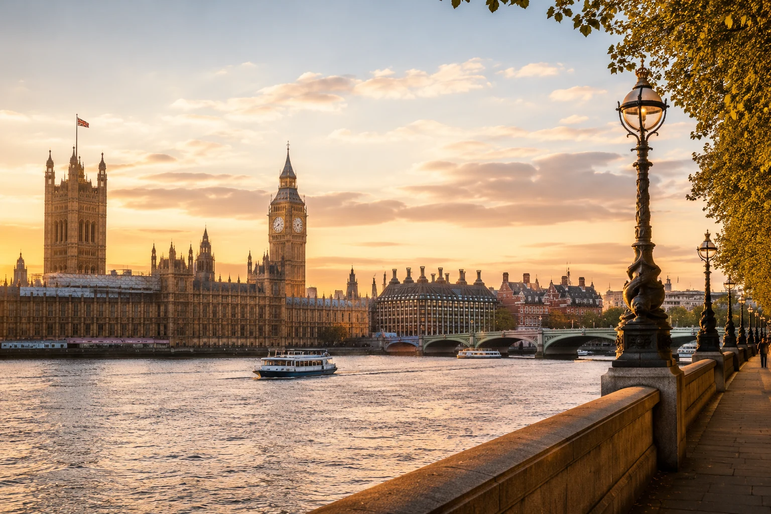 London and the Houses of Parliament at golden hour